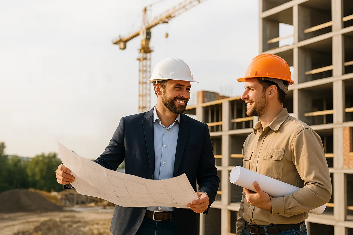 Échange autour d’un projet de construction — visuel d’illustration, ne représentant pas l’équipe Oassure